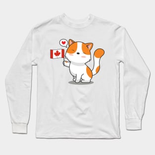 Cute Cat Holding Canada Flag Long Sleeve T-Shirt